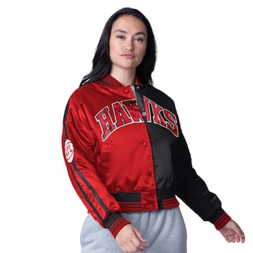 Women's Starter  Black/Red Atlanta Hawks Zone Blitz Cropped Full-Snap Satin Jacket