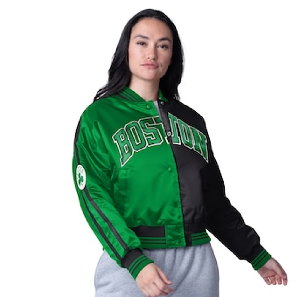 Women's Starter  Black/Kelly Green Boston Celtics Zone Blitz Cropped Full-Snap Satin Jacket