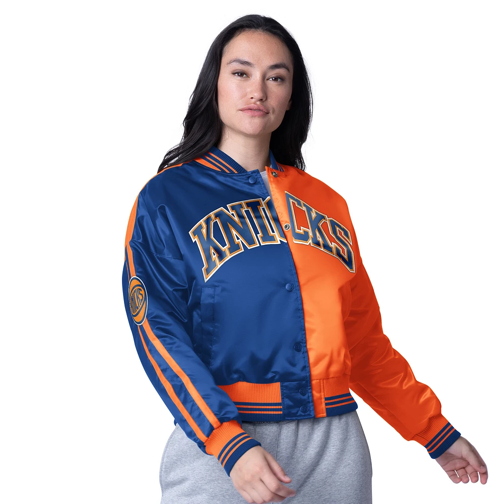 Women's Starter  Orange/Blue New York Knicks Zone Blitz Cropped Full-Snap Satin Jacket