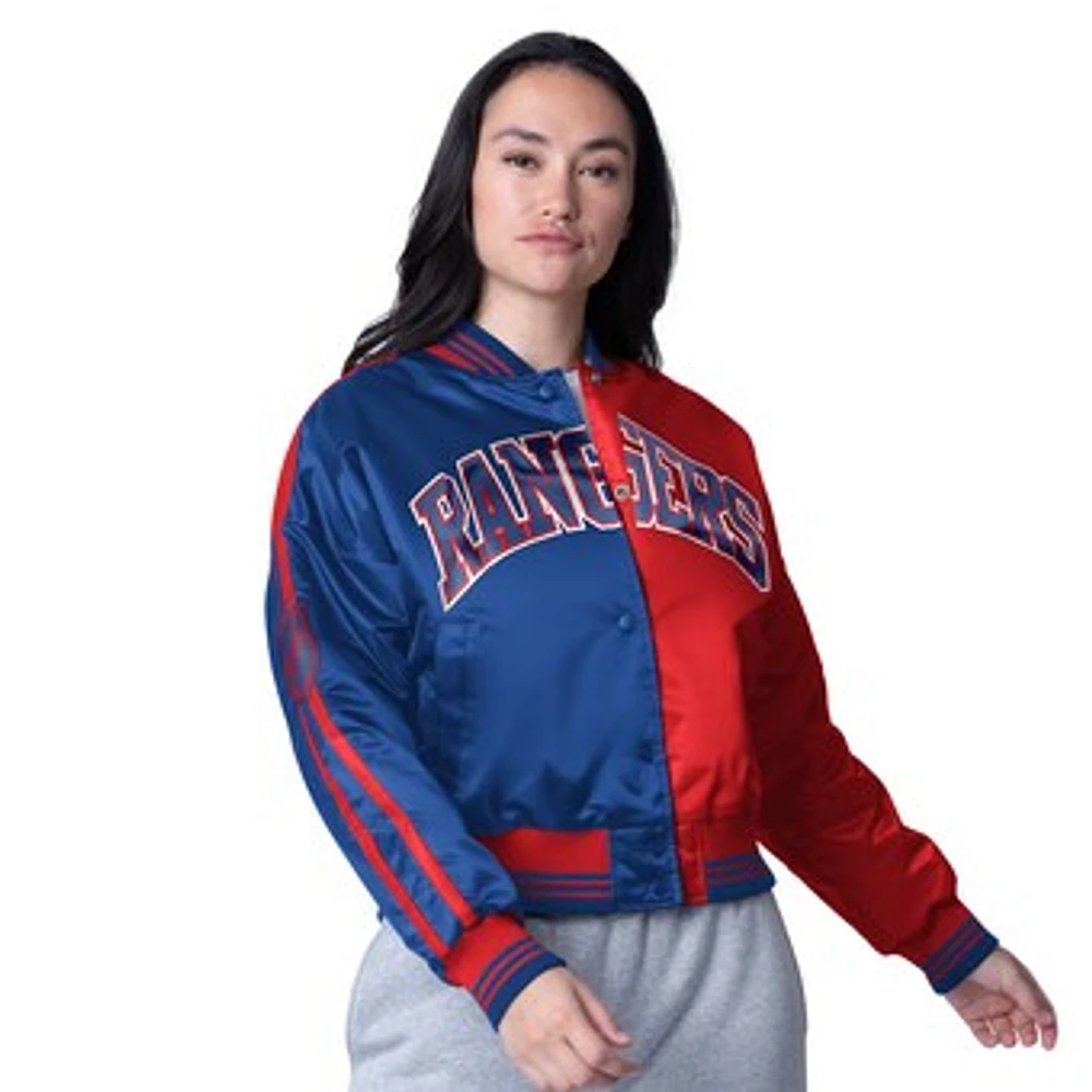 Women's Starter  Royal New York Rangers Zone Blitz Cropped Full-Snap Satin Jacket