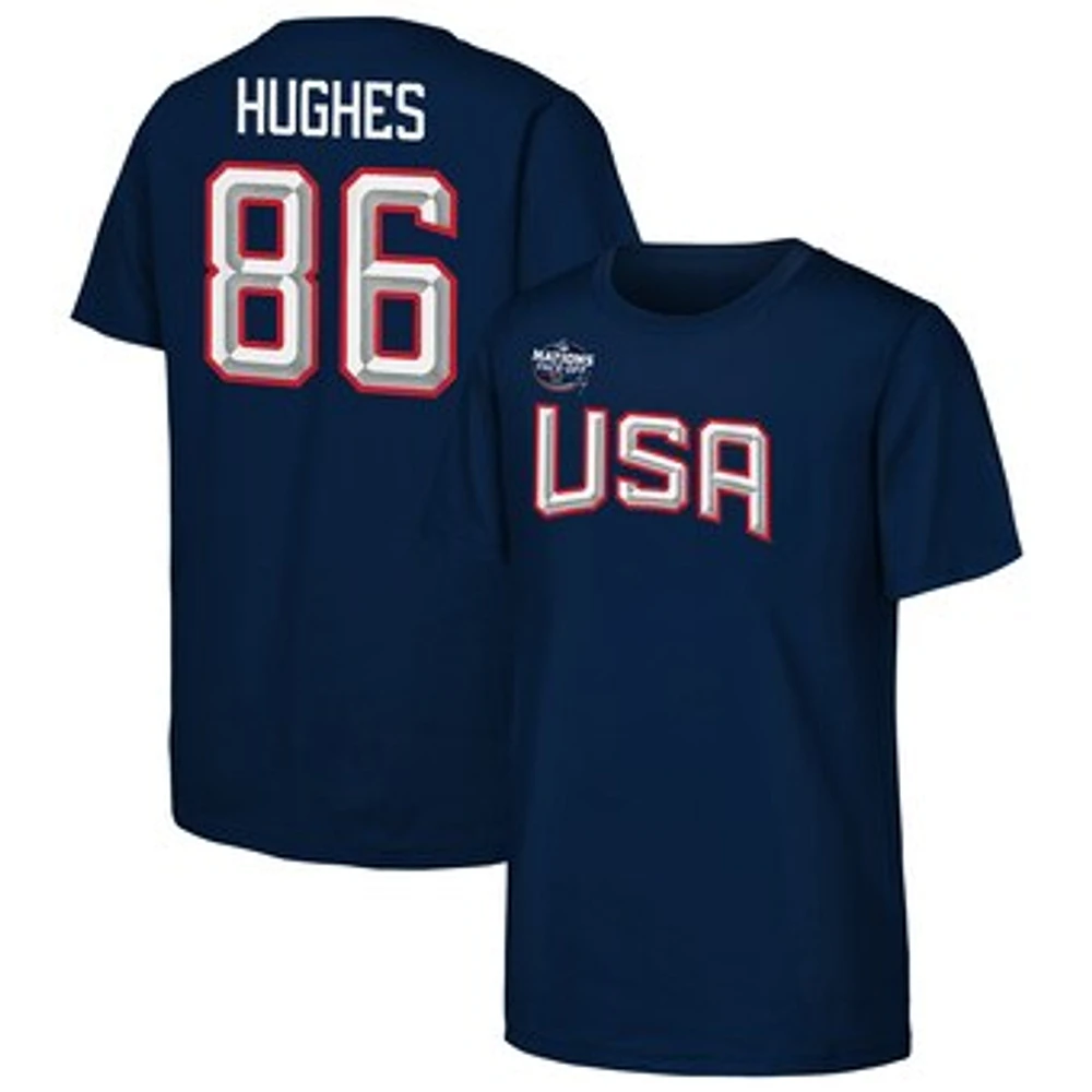 Youth Jack Hughes Navy USA 2025 4 Nations Face-Off Player Name & Number T-Shirt