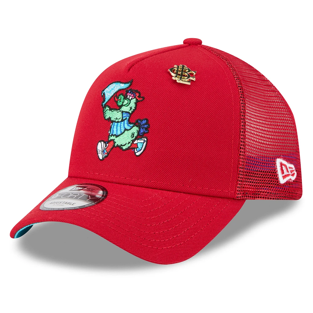 Men's New Era Red Philadelphia Phillies 2025 Big League Chew A-Frame 9FORTY Adjustable Trucker Hat