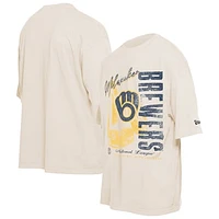 Men's New Era Cream Milwaukee Brewers Cooperstown Collection Oversized Throwback Distressed T-Shirt