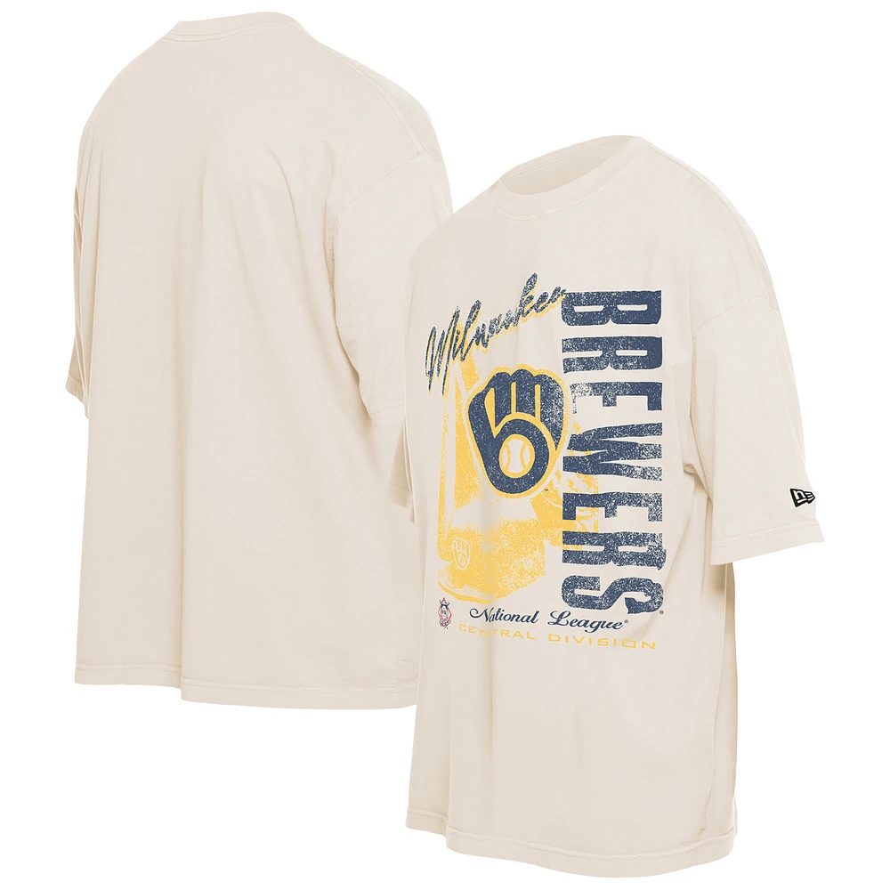 Men's New Era Cream Milwaukee Brewers Cooperstown Collection Oversized Throwback Distressed T-Shirt