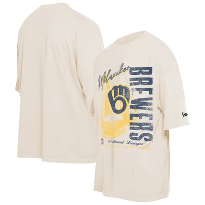Men's New Era Cream Milwaukee Brewers Cooperstown Collection Oversized Throwback Distressed T-Shirt