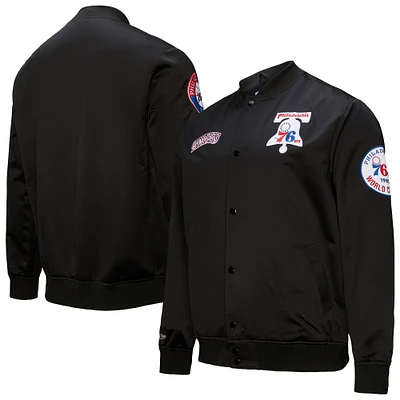 Men's Black Philadelphia 76ers Hardwood Classics Blackout Collection Satin Full-Zip Jacket