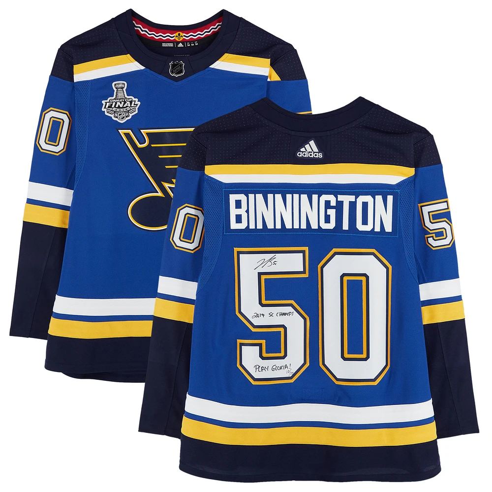 Jordan Binnington St. Louis Blues Autographed Blue adidas Authentic Jersey with 2019 Stanley Cup Final Patch & Multiple Inscriptions - Limited Edition #10/10