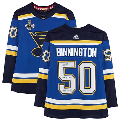 Jordan Binnington St. Louis Blues Autographed Blue adidas Authentic Jersey with 2019 Stanley Cup Final Patch & Multiple Inscriptions - Limited Edition #10/10