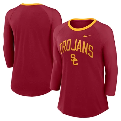 Women's Nike  Crimson USC Trojans 3/4-Sleeve Raglan Tri-Blend Top