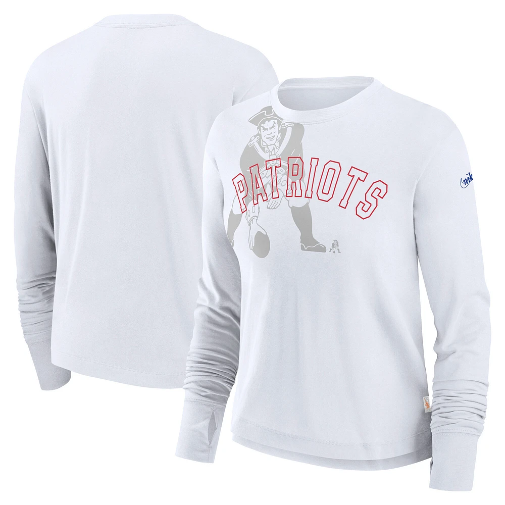 Women's Nike White New England Patriots Layered Logo Cropped Long Sleeve Fashion T-Shirt