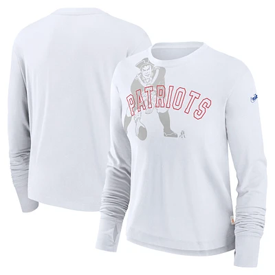 Women's Nike White New England Patriots Layered Logo Cropped Long Sleeve Fashion T-Shirt