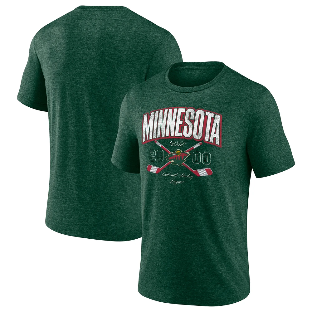 Men's Fanatics Heather Green Minnesota Wild Cross Sticks Tri-Blend T-Shirt