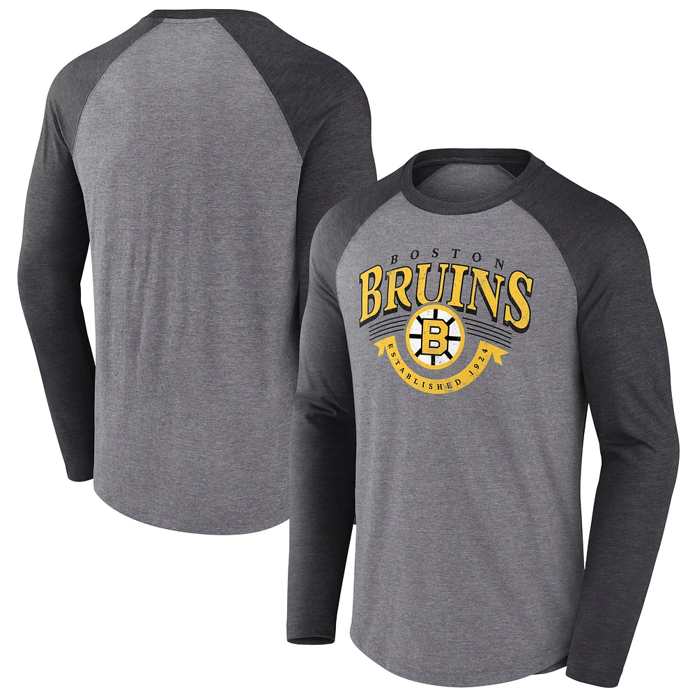 Men's Fanatics Heather Gray/Heather Charcoal Boston Bruins Goal Crease Raglan Tri-Blend Long Sleeve T-Shirt