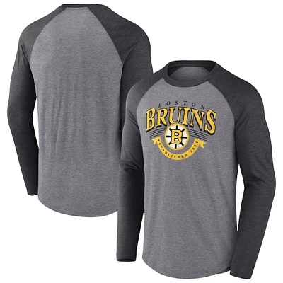 Men's Fanatics Heather Gray/Heather Charcoal Boston Bruins Goal Crease Raglan Tri-Blend Long Sleeve T-Shirt