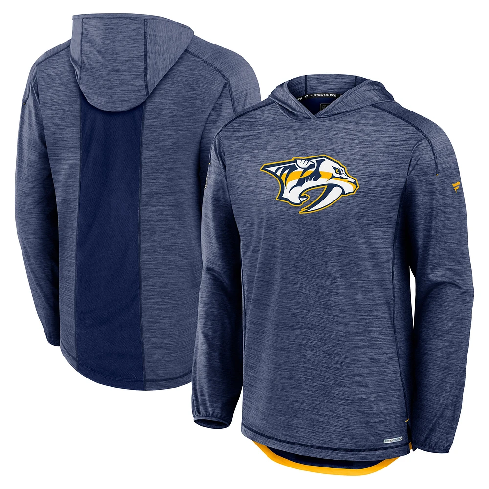 Men's Fanatics Heather Navy Nashville Predators Authentic Pro Rink Pullover Hoodie