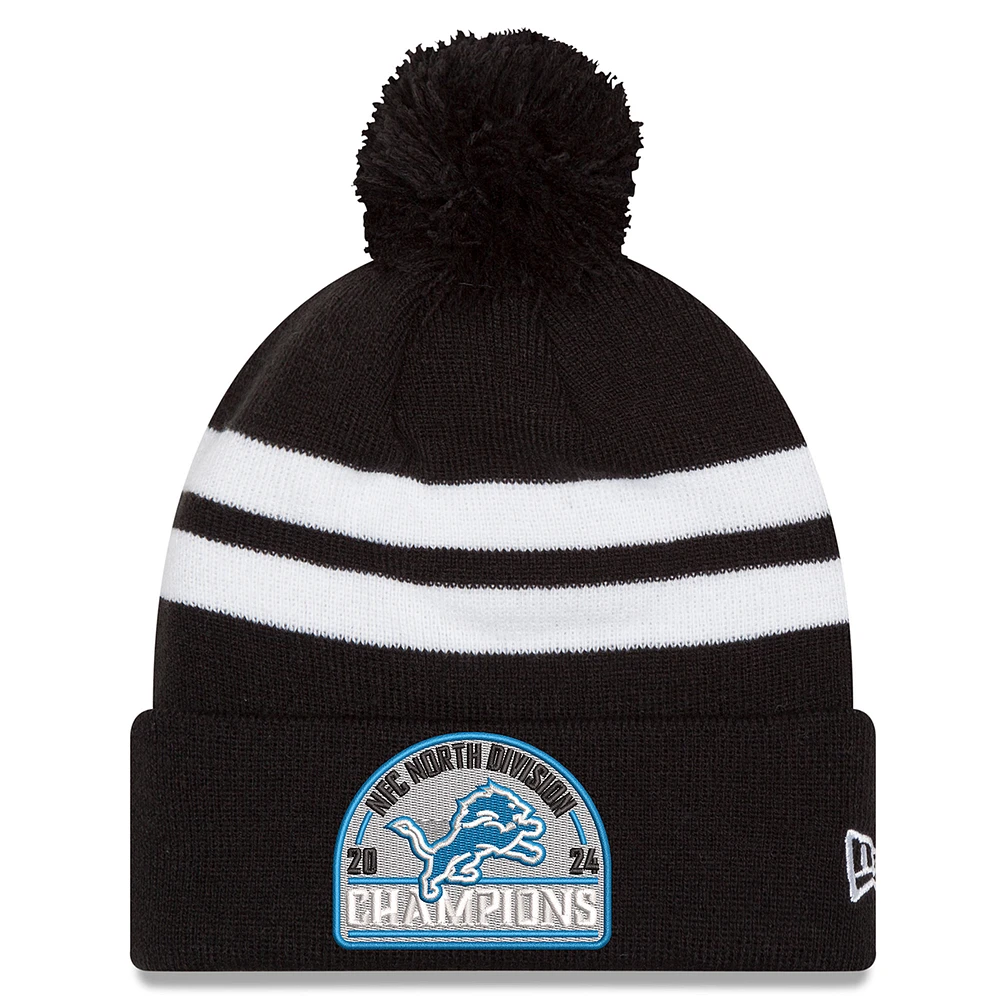 Men's New Era Black Detroit Lions 2024 NFC North Division Champions Striped Cuffed Knit Hat with Pom