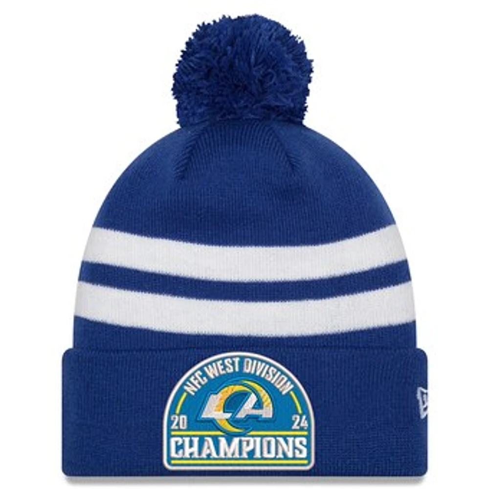 Men's New Era Royal Los Angeles Rams 2024 NFC West Division Champions Striped Cuffed Knit Hat with Pom