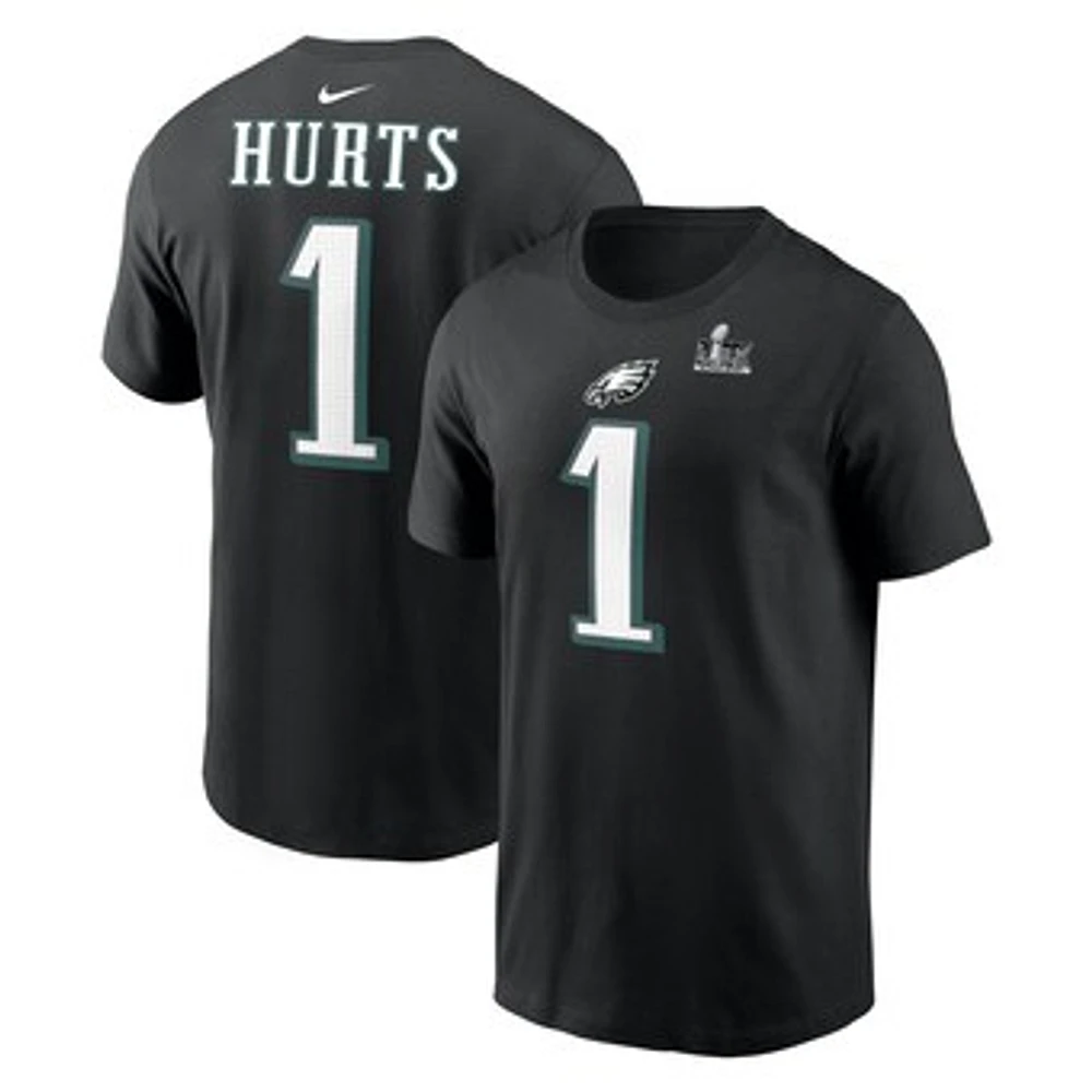 Men's Nike Jalen Hurts Black Philadelphia Eagles Super Bowl LIX Name & Number T-Shirt