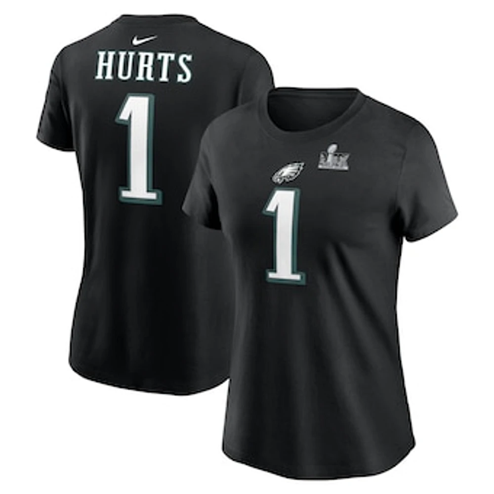 Women's Nike Jalen Hurts Black Philadelphia Eagles Super Bowl LIX Name & Number T-Shirt