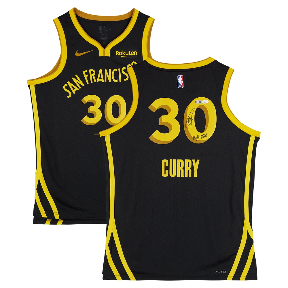 Stephen Curry Golden State Warriors Autographed Black Nike City Edition Swingman Jersey with Sponsor Patch & "Night Night" Inscription - JSA