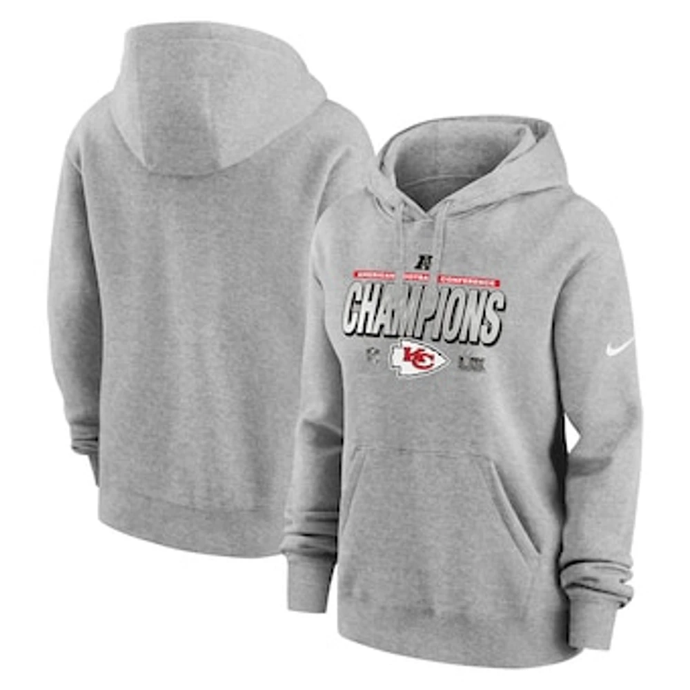 Women's Nike Heather Gray Kansas City Chiefs 2024 AFC Champions Locker Room Trophy Collection Club Fleece Pullover Hoodie