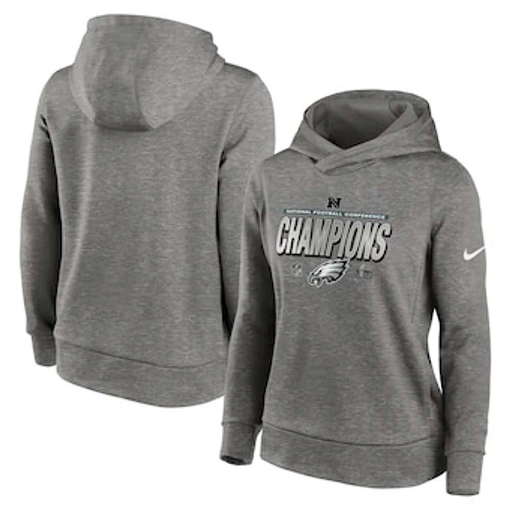 Women's Nike Heather Gray Philadelphia Eagles 2024 NFC Champions Locker Room Trophy Collection Therma Fleece Pullover Hoodie