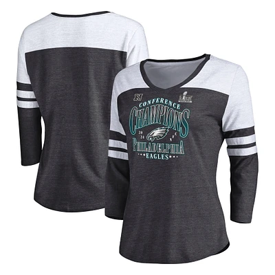 Women's Fanatics Heather Charcoal Philadelphia Eagles 2024 NFC Champions Tri-Blend 3/4 Sleeve V-Neck T-Shirt