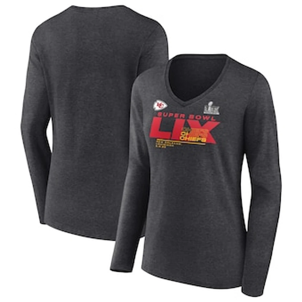 Women's Fanatics Heather Charcoal Kansas City Chiefs Super Bowl LIX Quick Pass Long Sleeve V-Neck T-Shirt