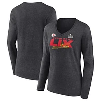 Women's Fanatics Heather Charcoal Kansas City Chiefs Super Bowl LIX Quick Pass Long Sleeve V-Neck T-Shirt