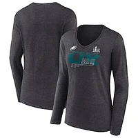 Women's Fanatics Heather Charcoal Philadelphia Eagles Super Bowl LIX Quick Pass Long Sleeve V-Neck T-Shirt