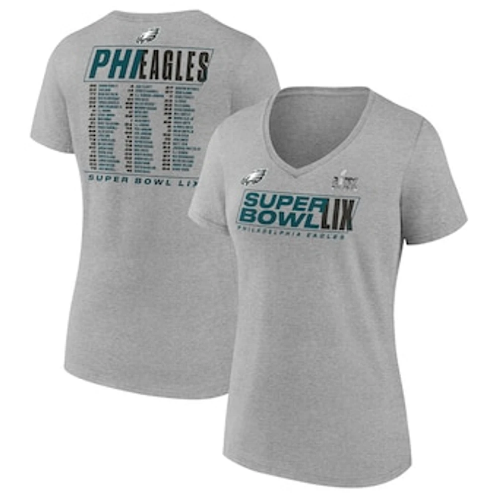 Women's Fanatics Heather Gray Philadelphia Eagles Super Bowl LIX Roster V-Neck T-Shirt