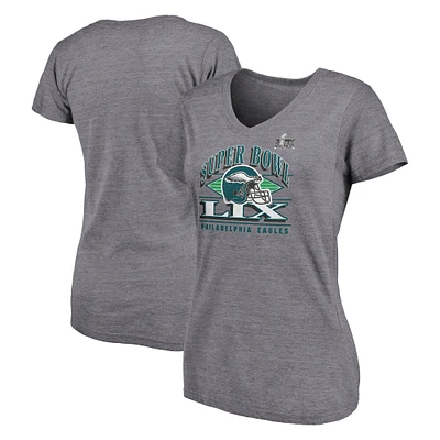 Women's Fanatics Heather Gray Philadelphia Eagles Super Bowl LIX Helmet Tri-Blend V-Neck T-Shirt