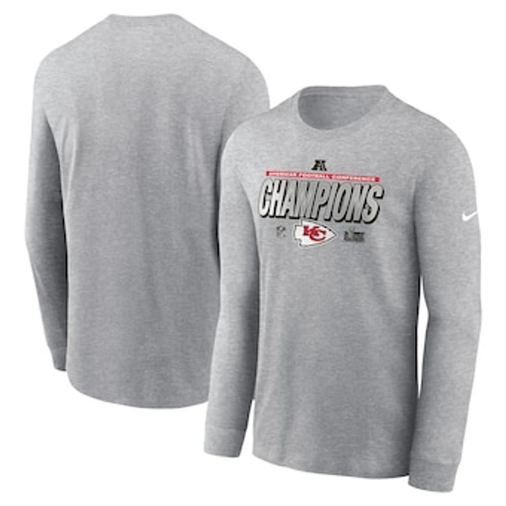 Men's Nike  Heather Gray Kansas City Chiefs 2024 AFC Champions Locker Room Trophy Collection Long Sleeve T-Shirt