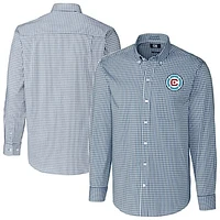 Men's Cutter & Buck  Navy Chicago Fire Easy Care Stretch Gingham Long Sleeve Button-Down Shirt