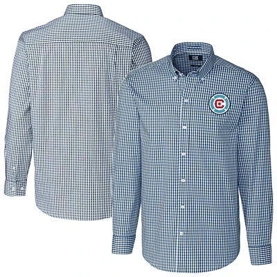Men's Cutter & Buck  Navy Chicago Fire Easy Care Stretch Gingham Long Sleeve Button-Down Shirt