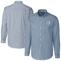 Men's Cutter & Buck  Navy Chicago Fire Easy Care Stretch Gingham Long Sleeve Button-Down Shirt