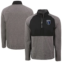 Men's Cutter & Buck Heather Black/Black San Jose Earthquakes Adapt Eco Knit Hybrid Recycled Raglan Quarter-Zip Top
