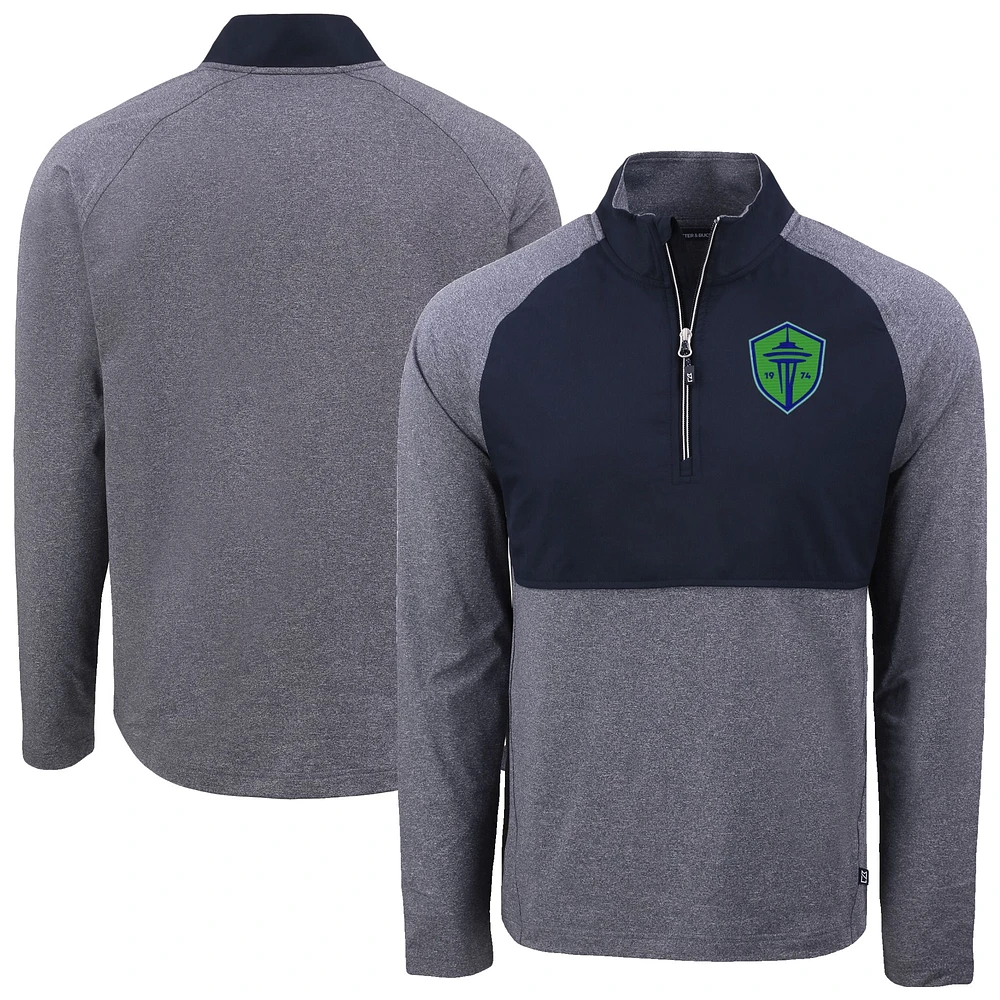 Men's Cutter & Buck Heather Navy/Navy Seattle Sounders FC Adapt Eco Knit Hybrid Recycled Raglan Quarter-Zip Top