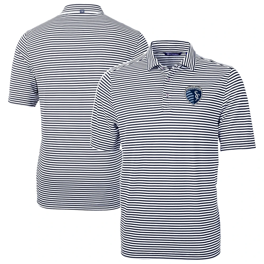Men's Cutter & Buck Navy Sporting Kansas City Virtue Eco Pique Stripe Recycled Polo