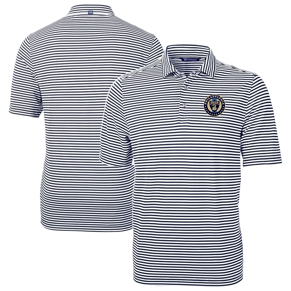 Men's Cutter & Buck Navy Philadelphia Union Virtue Eco Pique Stripe Recycled Polo