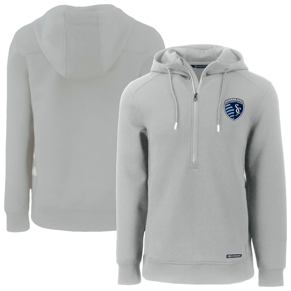 Men's Cutter & Buck Gray Sporting Kansas City Roam Eco Half-Zip Recycled Tri-Blend Hoodie