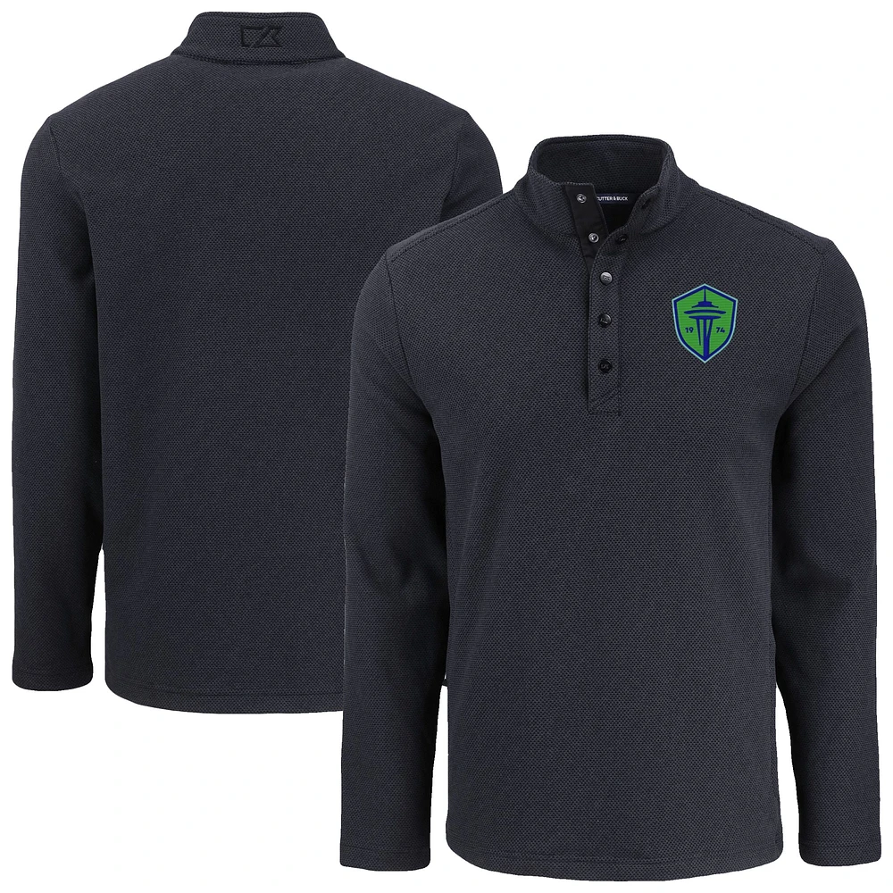 Men's Cutter & Buck Black Seattle Sounders FC Hunts Point Eco Textured Fleece Recycled Quarter-Snap Pullover Top