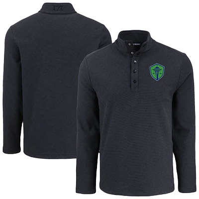 Men's Cutter & Buck  Black Seattle Sounders FC Hunts Point Eco Textured Fleece Recycled Quarter-Snap Pullover Top