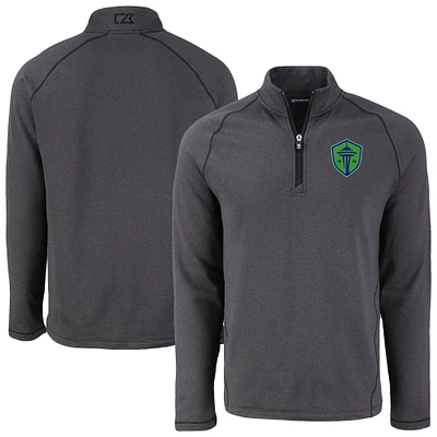 Men's Cutter & Buck Heather Seattle Sounders FC Peshastin Eco Fleece Recycled Raglan Half-Zip Top