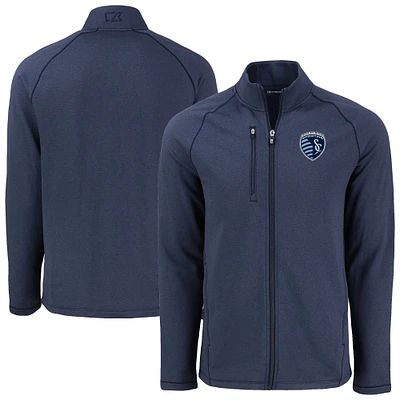 Men's Cutter & Buck  Heather Navy Sporting Kansas City Peshastin Eco Fleece Recycled Raglan Full-Zip Jacket
