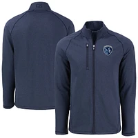 Men's Cutter & Buck  Heather Navy Sporting Kansas City Peshastin Eco Fleece Recycled Raglan Full-Zip Jacket