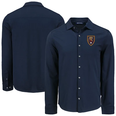 Men's Cutter & Buck  Navy Real Salt Lake Advantage Tri-Blend Eco Soft Pique Long Sleeve Knitted Button-Up Top
