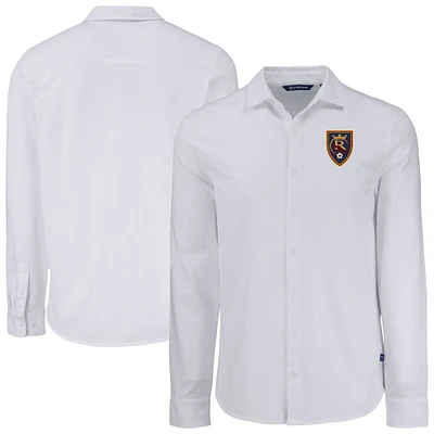 Men's Cutter & Buck  White Real Salt Lake Advantage Tri-Blend Eco Soft Pique Long Sleeve Knitted Button-Up Top