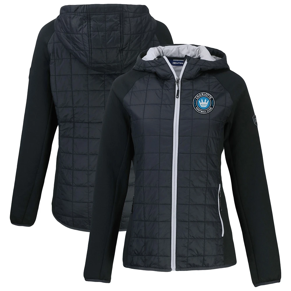Women's Cutter & Buck  Black Charlotte FC Rainier Primaloft Eco Raglan Full-Zip Hybrid Hooded Jacket