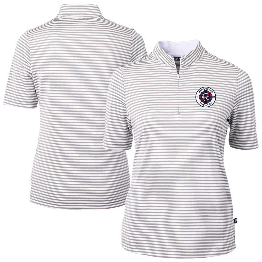 Women's Cutter & Buck Gray New England Revolution Virtue Eco Pique Stripe Recycled Quarter-Zip Top